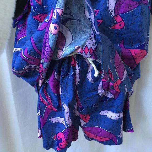Shirt & Shorts SET Vintage 90s Cats Print Purple Pink Primitive Art Swim Beach M - Picture 8 of 11